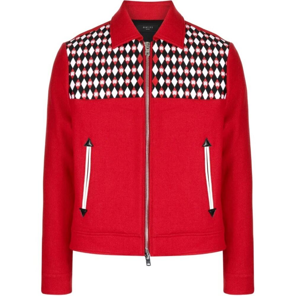 $2,995 NWT Amiri Goji Berry Diamond Wool Blend Embroidered Work Jacket (40) 50